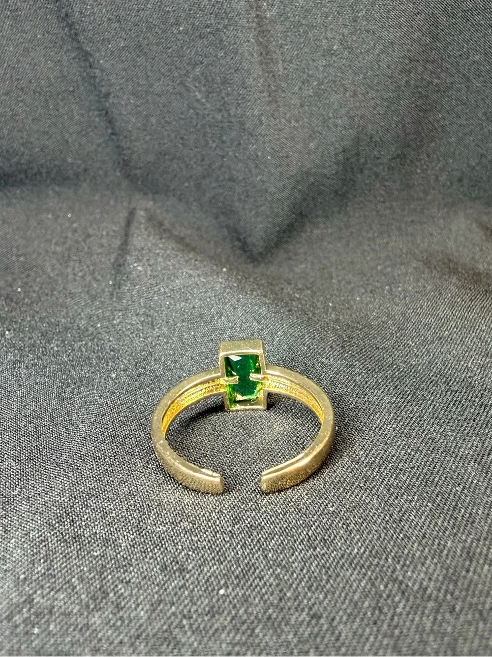 Gold Tone Emerald Green Baguette Ring | Minimalist Bezel Set Statement Ring